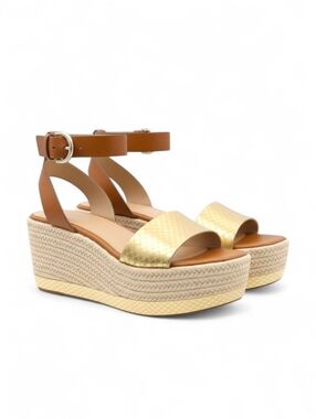 Marc Fisher Jenia Platform Wedge Espadrille Sandals Gold Brown 9.5